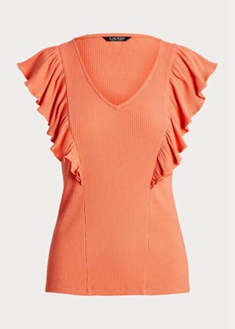 Orange Ralph Lauren T-Shirts aus Rippstrick mit Rüschenbesatz für Damen