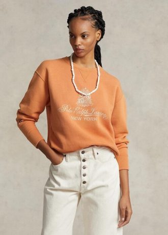 Orangefarbene Fleece-Sweatshirts mit Ralph Lauren-Logografik für Damen Orangefarbene Fleece-Sweatshirts mit Ralph Lauren-Logografik für Damen