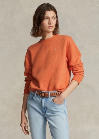 Orangefarbene Ralph Lauren Fleece-Pullover mit Rundhalsausschnitt für Damen