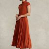 Orangefarbenes Ralph Lauren Hybrid-Plissee-Kleid mit Stehkragen für Damen