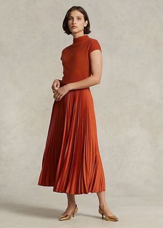 Orangefarbenes Ralph Lauren Hybrid-Plissee-Kleid mit Stehkragen für Damen