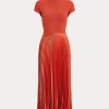 Orangefarbenes Ralph Lauren Hybrid-Plissee-Kleid mit Stehkragen für Damen