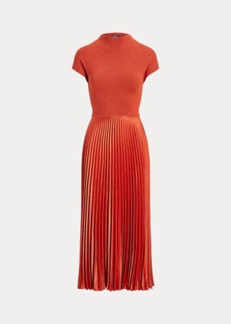 Orangefarbenes Ralph Lauren Hybrid-Plissee-Kleid mit Stehkragen für Damen