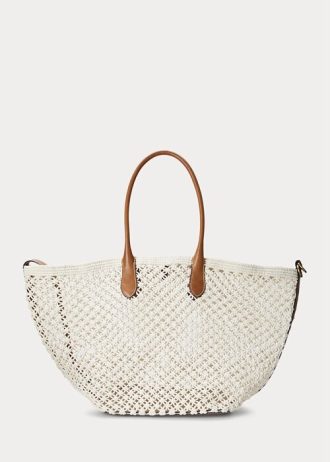 Parchment Cream Damen Ralph Lauren Große Bellport Tragetaschen mit Lederbesatz und Häkelarbeit