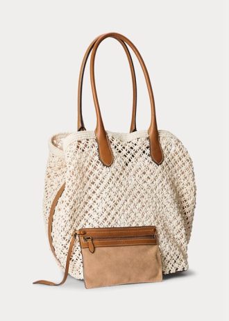 Parchment Cream Damen Ralph Lauren Große Bellport Tragetaschen mit Lederbesatz und Häkelarbeit