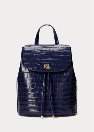 Raffinierte, marineblaue mittelgroße Winny-Rucksäcke aus geprägtem Leder von Ralph Lauren für Damen