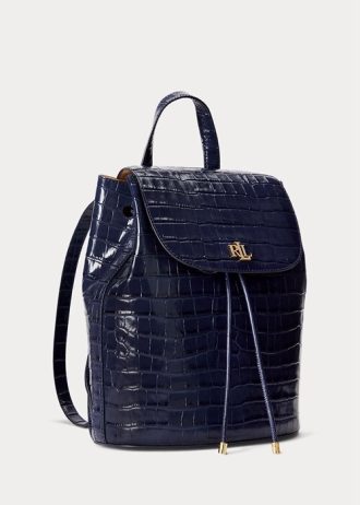 Raffinierte, marineblaue mittelgroße Winny-Rucksäcke aus geprägtem Leder von Ralph Lauren für Damen