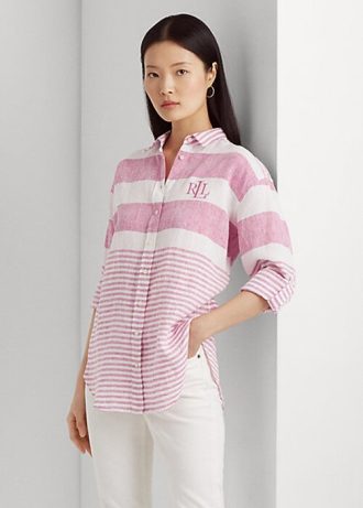 Rosa gestreifte Oversize-Leinenhemden von Ralph Lauren für Damen