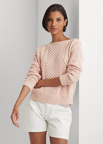 Rosa Ralph Lauren Aran-Strickpullover aus Baumwolle mit U-Boot-Ausschnitt für Damen