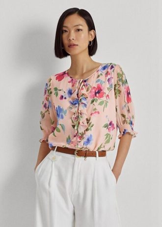 Rosa Ralph Lauren Blusenoberteile aus Georgette mit Blumenmuster in Crinkle-Optik für Damen