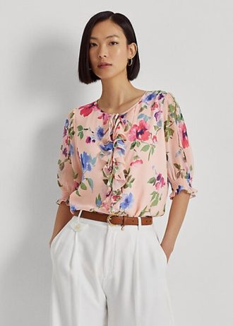 Rosa Ralph Lauren Blusenoberteile aus Georgette mit Blumenmuster in Crinkle-Optik für Damen