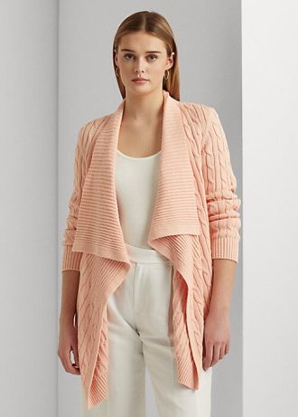 Rosa Ralph Lauren Damen Strickjacken mit Zopfmuster aus Leinen-Baumwolle