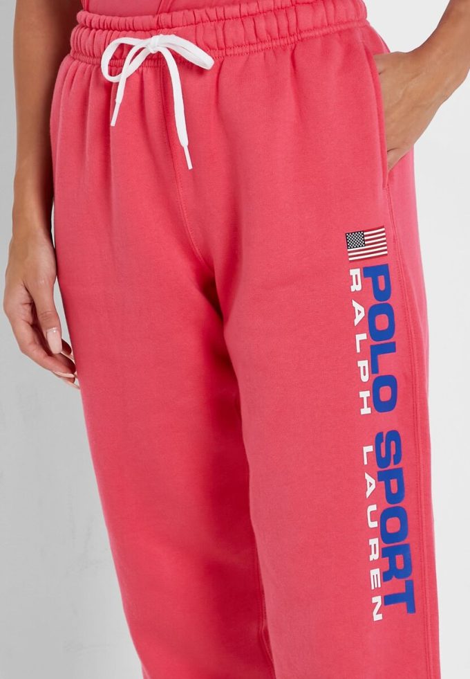 Rosafarbene Ralph Lauren Jogginghose mit hoher Taille und Knöchelpartie für Damen Rosafarbene Ralph Lauren Jogginghose mit hoher Taille und Knöchelpartie für Damen