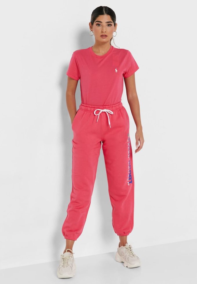 Rosafarbene Ralph Lauren Jogginghose mit hoher Taille und Knöchelpartie für Damen Rosafarbene Ralph Lauren Jogginghose mit hoher Taille und Knöchelpartie für Damen