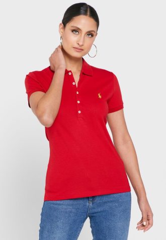 Rote Poloshirts für Damen von Ralph Lauren mit Knopfdetail