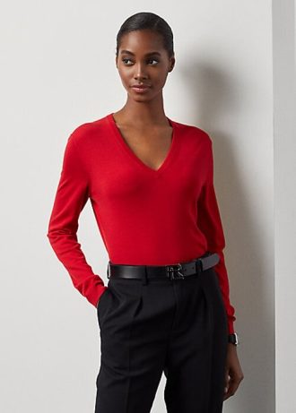 Rote Ralph Lauren Langarm-Pullover aus Wolle mit V-Ausschnitt für Damen