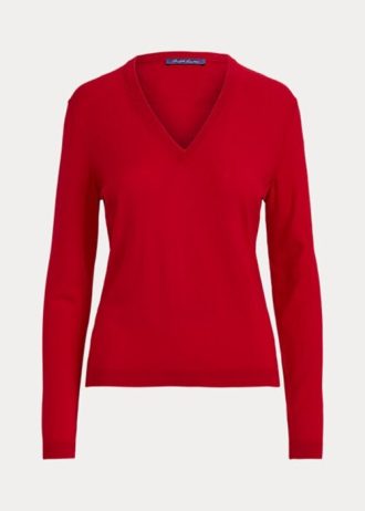 Rote Ralph Lauren Langarm-Pullover aus Wolle mit V-Ausschnitt für Damen