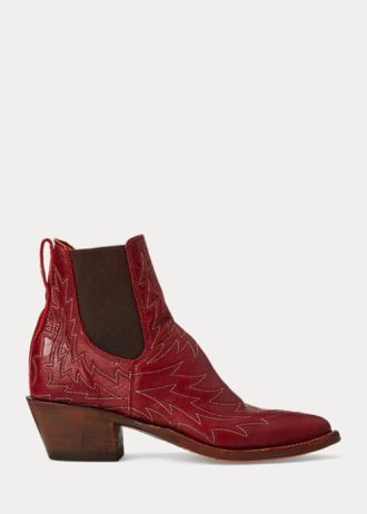 Rote Ralph Lauren Lottie bestickte Lederstiefel für Damen