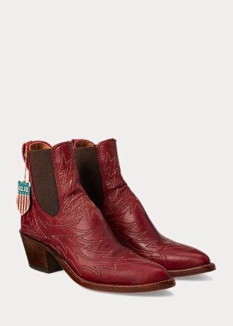 Rote Ralph Lauren Lottie bestickte Lederstiefel für Damen