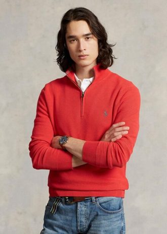 Rote Ralph Lauren Pullover aus Baumwolle mit Viertelreißverschluss und Netzstrick für Herren Rote Ralph Lauren Pullover aus Baumwolle mit Viertelreißverschluss und Netzstrick für Herren
