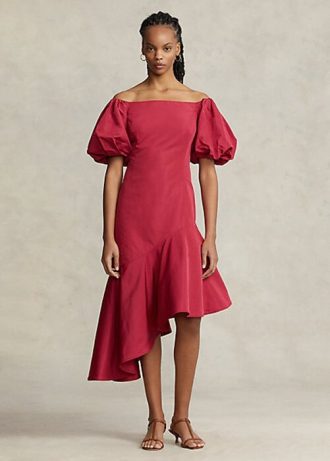 Rotes, asymmetrisches Taftkleid mit Rüschen von Ralph Lauren für Damen