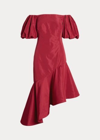 Rotes, asymmetrisches Taftkleid mit Rüschen von Ralph Lauren für Damen