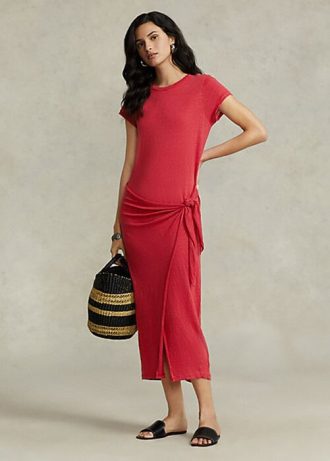 Rotes Leinenjerseykleid mit Bindedetail für Damen von Ralph Lauren
