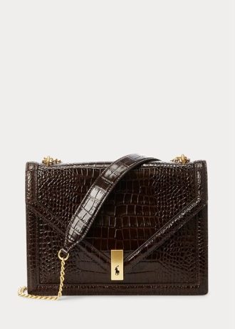 Schokoladenbraune Damenhandtasche mit Umschlagkette und Krokoprägung von Ralph Lauren Polo ID