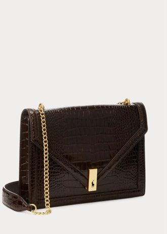 Schokoladenbraune Damenhandtasche mit Umschlagkette und Krokoprägung von Ralph Lauren Polo ID