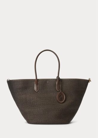 Schokoladenbraune große Bellport-Tragetaschen aus Stroh mit Lederbesatz für Damen von Ralph Lauren