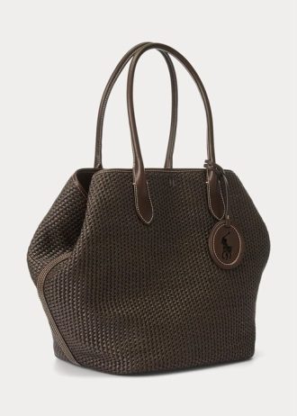 Schokoladenbraune große Bellport-Tragetaschen aus Stroh mit Lederbesatz für Damen von Ralph Lauren