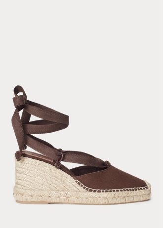 Schokoladenbraune Ralph Lauren Canvas-Espadrilles mit Keilabsatz für Damen