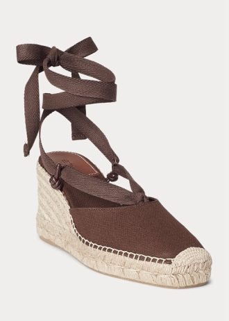Schokoladenbraune Ralph Lauren Canvas-Espadrilles mit Keilabsatz für Damen