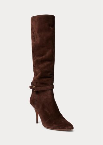 Schokoladenbraune Ralph Lauren Zoe Tall Stiefel aus Wildlederkalbsleder für Damen