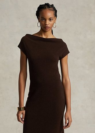 Schokoladenbraunes Ralph Lauren Kaschmirkleid mit geradem Ausschnitt für Damen
