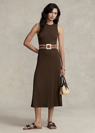 Schokoladenbraunes ärmelloses Kleid aus Stretch-Waffelstrick von Ralph Lauren für Damen