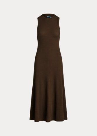 Schokoladenbraunes ärmelloses Kleid aus Stretch-Waffelstrick von Ralph Lauren für Damen