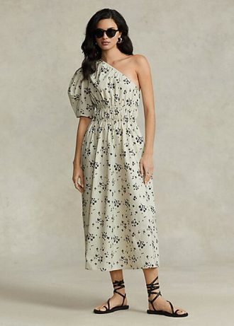 Schwarz / Beige Ralph Lauren Damen Asymmetrisches Kleid aus gerafftem Popeline mit Blumenmuster