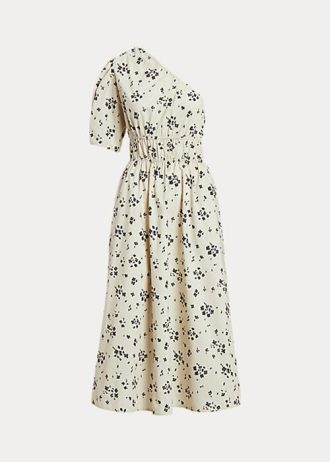 Schwarz / Beige Ralph Lauren Damen Asymmetrisches Kleid aus gerafftem Popeline mit Blumenmuster
