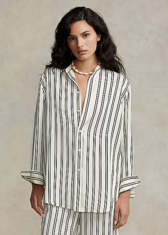 Schwarz / Cremefarbene gestreifte Satinhemden von Ralph Lauren in Übergröße für Damen