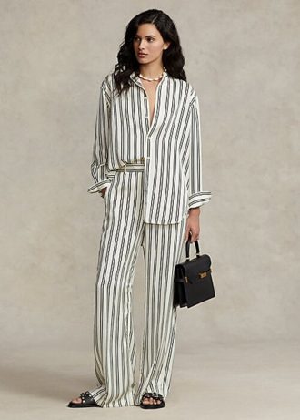Schwarz / Cremefarbene gestreifte Satinhose mit weitem Bein von Ralph Lauren für Damen Schwarz / Cremefarbene gestreifte Satinhose mit weitem Bein von Ralph Lauren für Damen