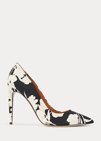 Schwarz / Cremefarbene Ralph Lauren Celia Heels mit Blumenmuster für Damen