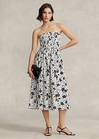 Schwarz / Cremefarbenes trägerloses Leinenkleid mit Blumenmuster von Ralph Lauren für Damen