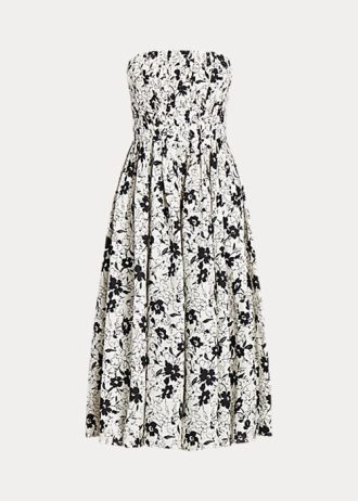 Schwarz / Cremefarbenes trägerloses Leinenkleid mit Blumenmuster von Ralph Lauren für Damen