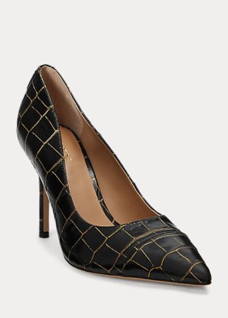 Schwarz / Gold Ralph Lauren Lindella Heels aus geprägtem Leder für Damen