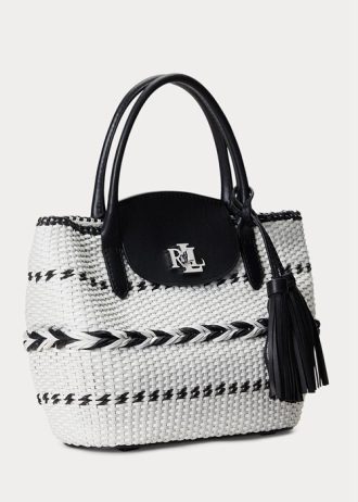 Schwarz/Schneeweiß Damen Ralph Lauren Geo-Motif Gewebtes Leder Große Perri Tragetaschen