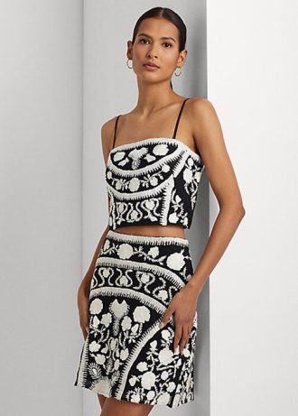 Schwarz / Weiß Damen Ralph Lauren Bestickte Cropped Ärmellose Bluse Tops