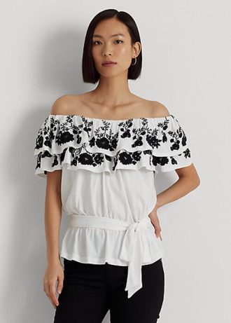 Schwarz / Weiß Damen Ralph Lauren bestickte Jersey Off-the-Shoulder-Tops