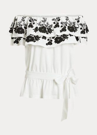 Schwarz / Weiß Damen Ralph Lauren bestickte Jersey Off-the-Shoulder-Tops