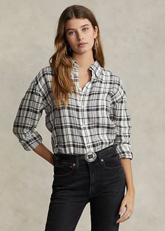 Schwarz / Weiß Damen Ralph Lauren Relaxed Fit Plaid Leinenhemden